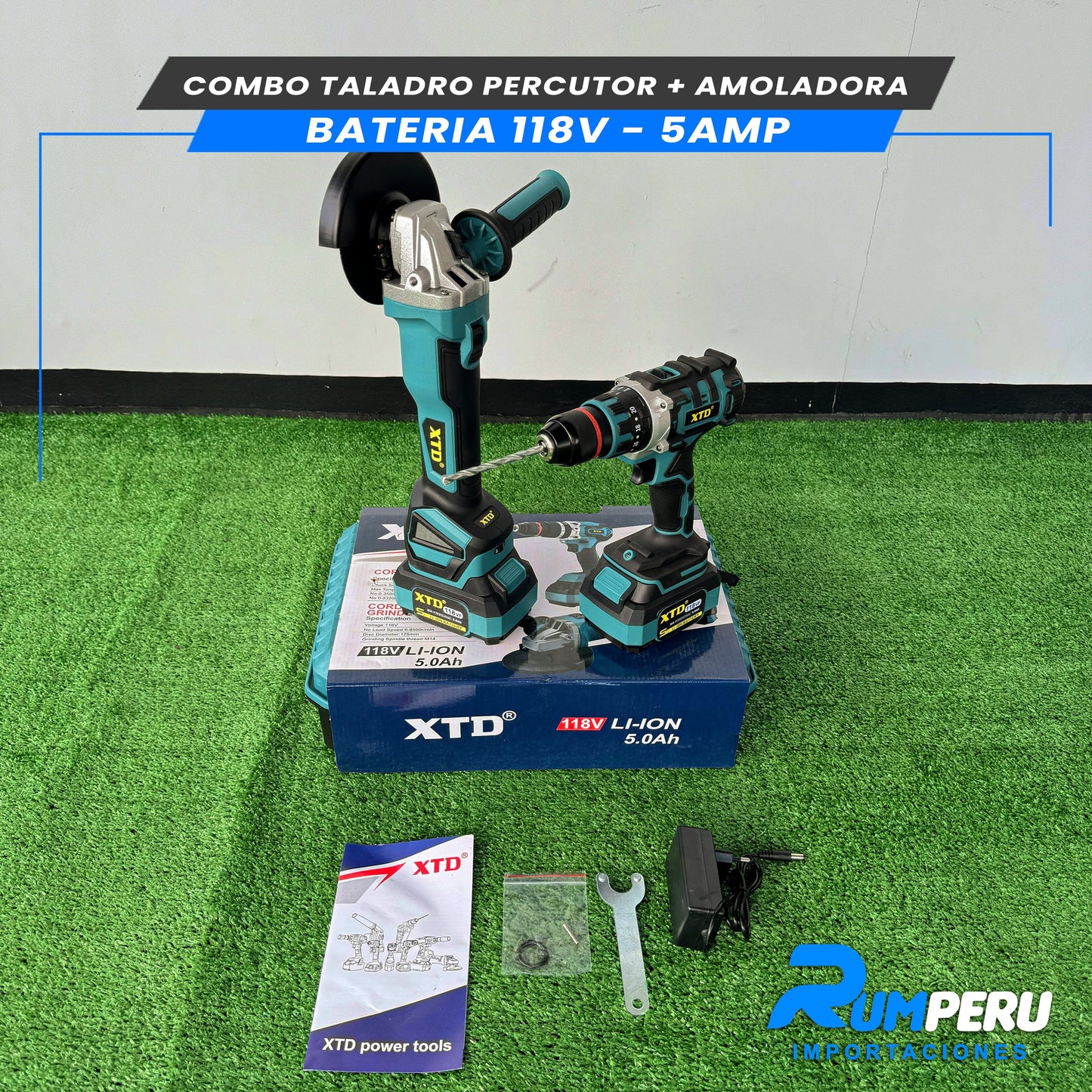 COMBO TALADRO PERCUTOR + AMOLADORA BATERIA 118V 5 AMPERIOS
