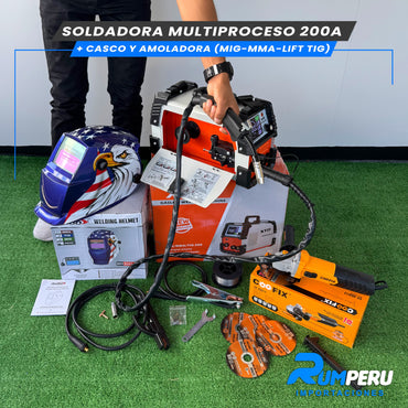 SOLDADORA MULTIPROCESO 200 APERIOS + CASCO Y AMOLADORA