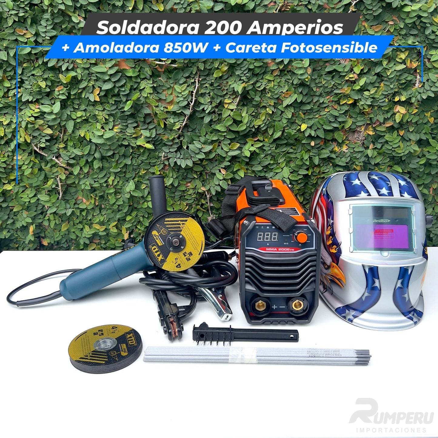 Soldadora 200 Amperios + Amoladora 850W + Careta Fotosensible