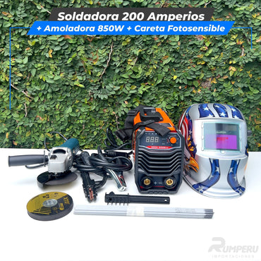 Soldadora 200 Amperios + Amoladora 850W + Careta Fotosensible