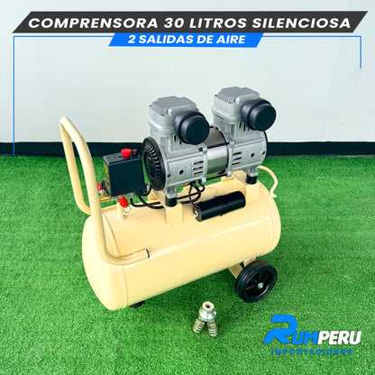 COMPRESORA 30 LITROS SILENCIOSA, 2 SALIDAS DE AIRE