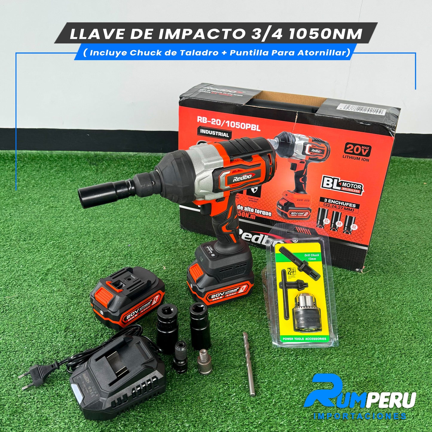 LLAVE D IMPACTO 3/4 1050NM (INCLUYE CHUCK DE TALADRO + PUNTILLA PARA ATORNILLAR)