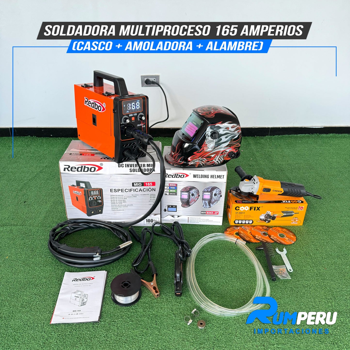 SOLDADORA MULTIPROCESO 165 AMPERIOS (CASCO + AMOLADORA + ALAMBRE)