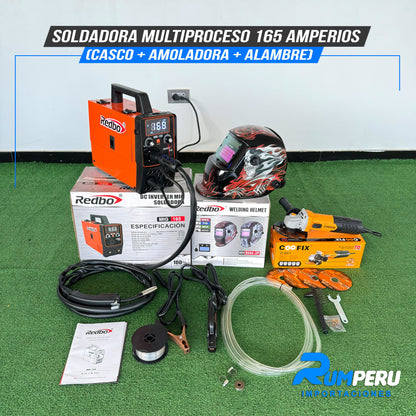 SOLDADORA MULTIPROCESO 165 AMPERIOS (CASCO + AMOLADORA + ALAMBRE)