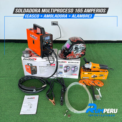 SOLDADORA MULTIPROCESO 165 AMPERIOS (CASCO + AMOLADORA + ALAMBRE)
