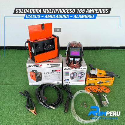 SOLDADORA MULTIPROCESO 165 AMPERIOS (CASCO + AMOLADORA + ALAMBRE)