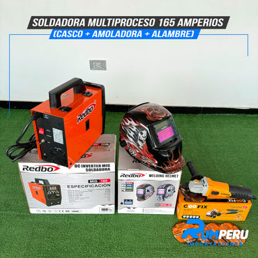 SOLDADORA MULTIPROCESO 165 AMPERIOS (CASCO + AMOLADORA + ALAMBRE)