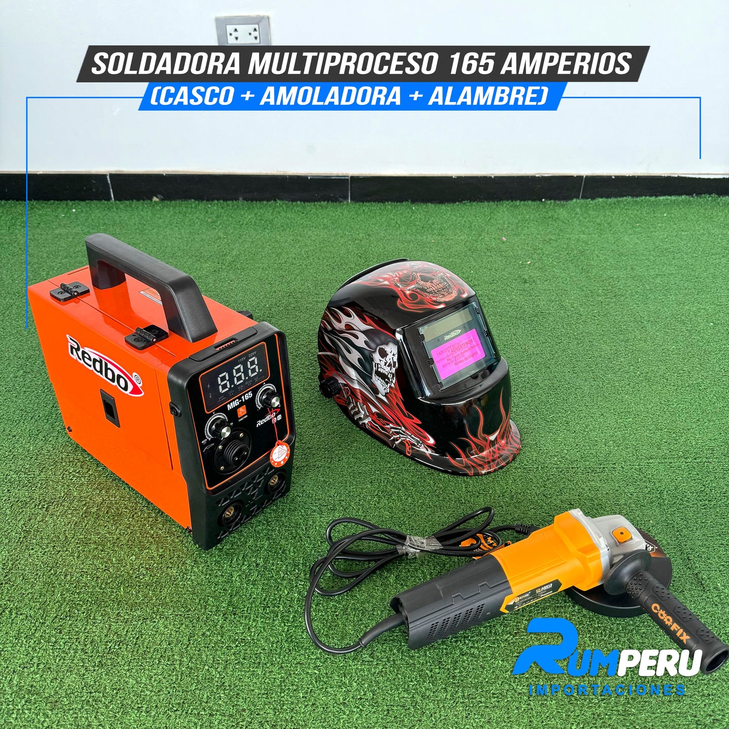 SOLDADORA MULTIPROCESO 165 AMPERIOS (CASCO + AMOLADORA + ALAMBRE)