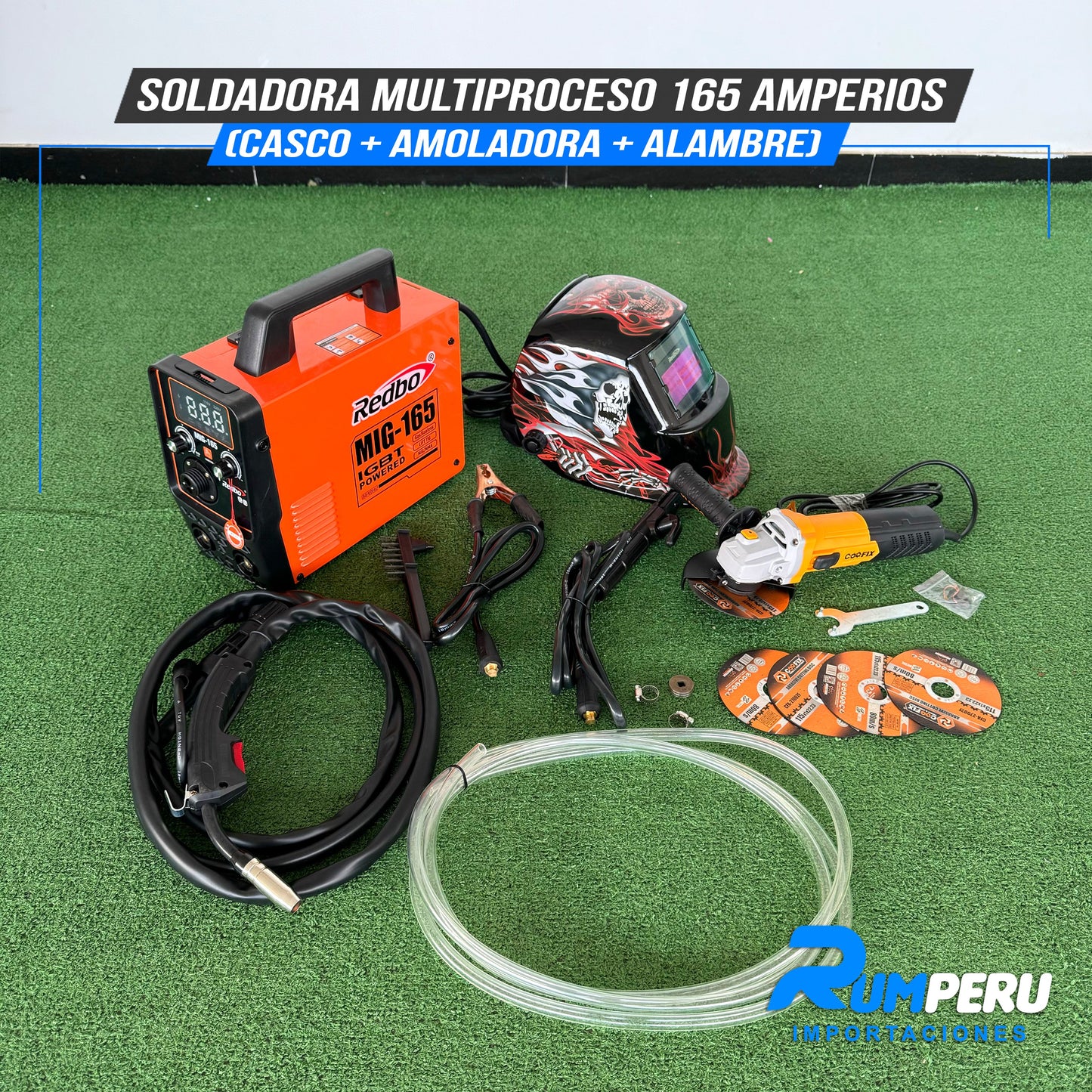 SOLDADORA MULTIPROCESO 165 AMPERIOS (CASCO + AMOLADORA + ALAMBRE)