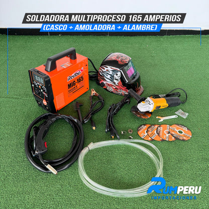 SOLDADORA MULTIPROCESO 165 AMPERIOS (CASCO + AMOLADORA + ALAMBRE)