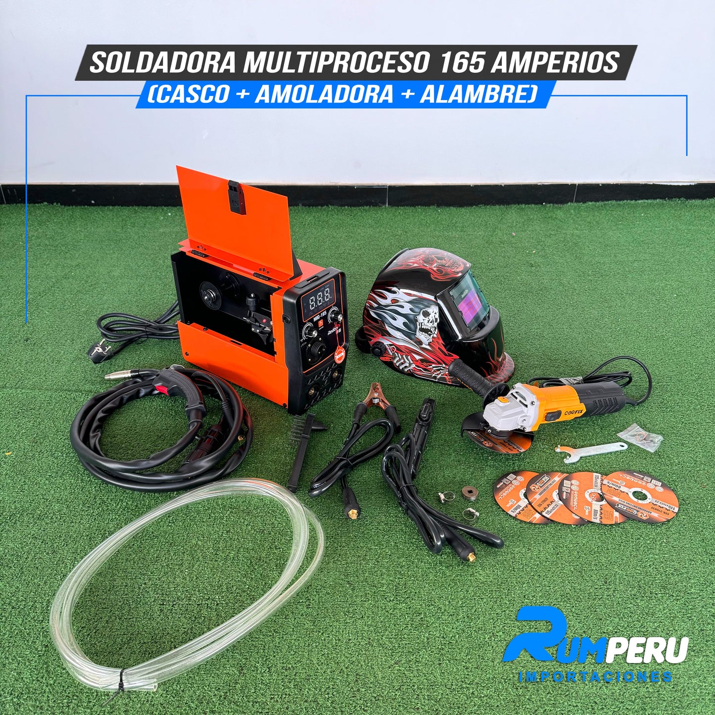 SOLDADORA MULTIPROCESO 165 AMPERIOS (CASCO + AMOLADORA + ALAMBRE)
