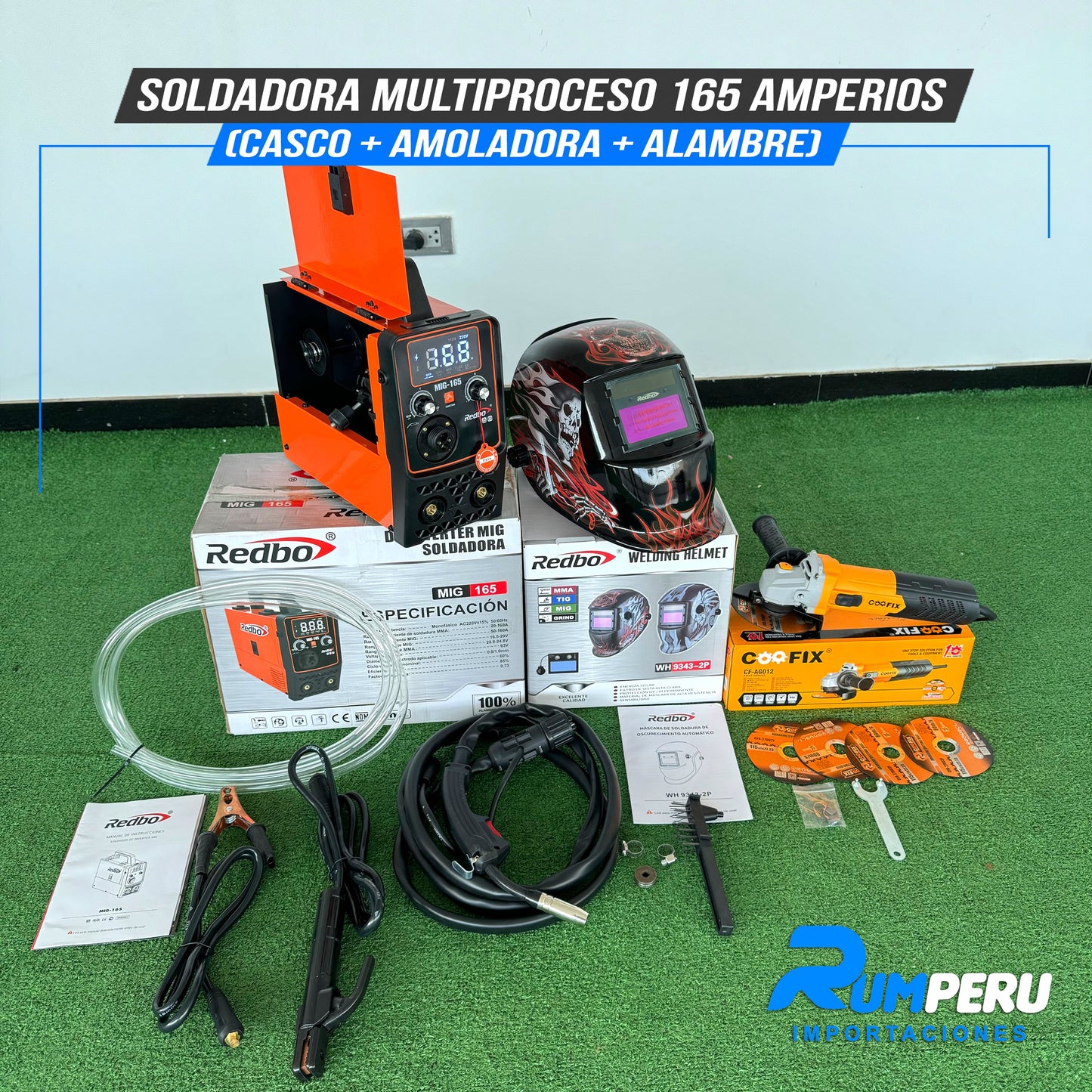 SOLDADORA MULTIPROCESO 165 AMPERIOS (CASCO + AMOLADORA + ALAMBRE)