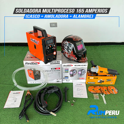 SOLDADORA MULTIPROCESO 165 AMPERIOS (CASCO + AMOLADORA + ALAMBRE)