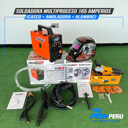 SOLDADORA MULTIPROCESO 165 AMPERIOS (CASCO + AMOLADORA + ALAMBRE)