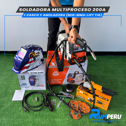 SOLDADORA MULTIPROCESO 200 APERIOS + CASCO Y AMOLADORA