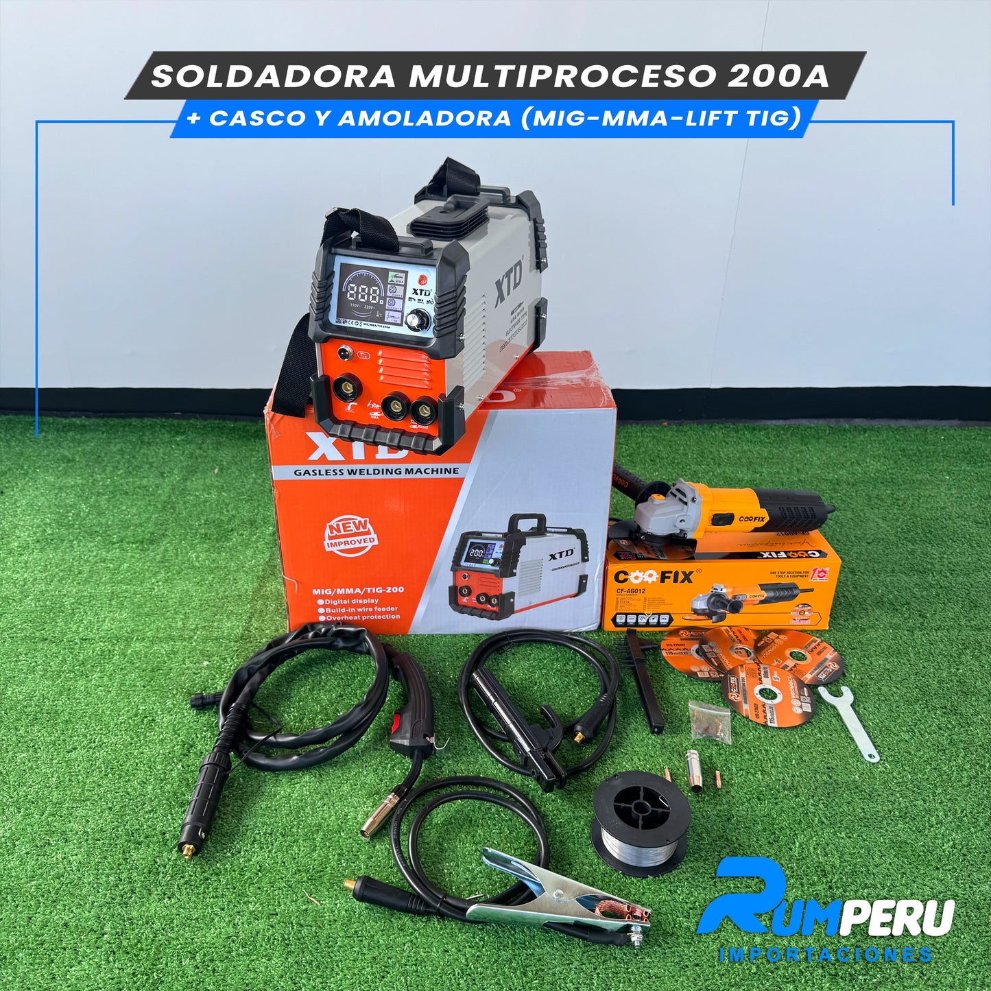 SOLDADORA MULTIPROCESO 200 APERIOS + CASCO Y AMOLADORA