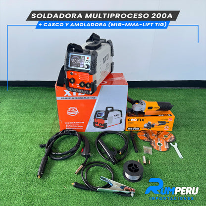 SOLDADORA MULTIPROCESO 200 APERIOS + CASCO Y AMOLADORA