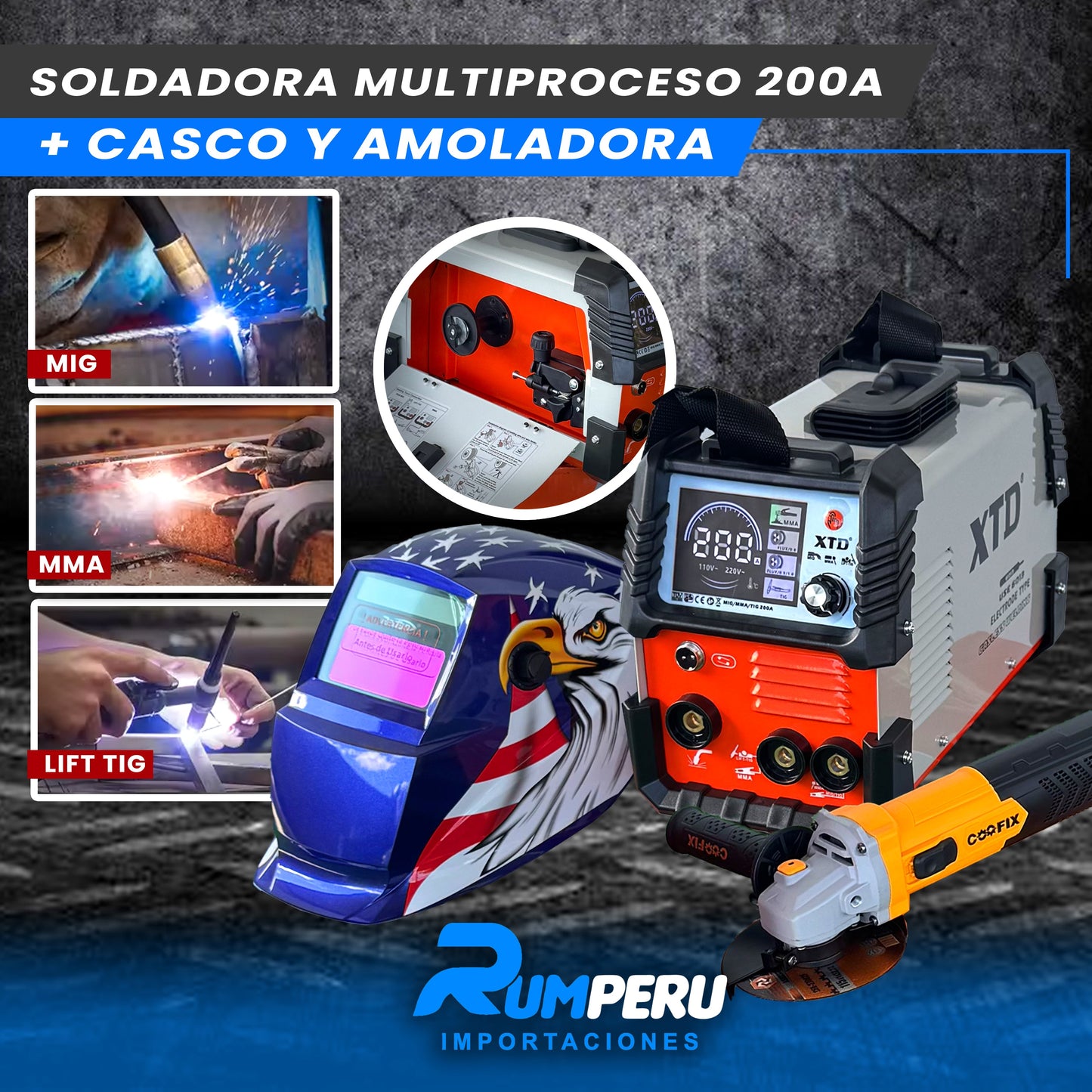 SOLDADORA MULTIPROCESO 200 APERIOS + CASCO Y AMOLADORA