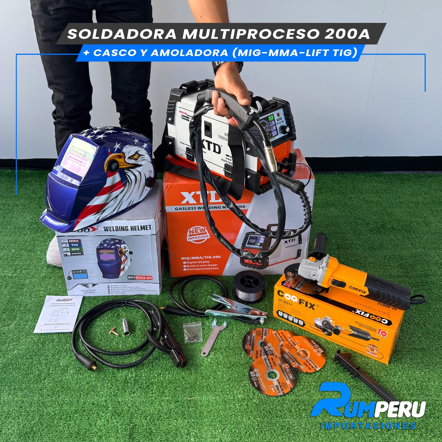 SOLDADORA MULTIPROCESO 200 APERIOS + CASCO Y AMOLADORA