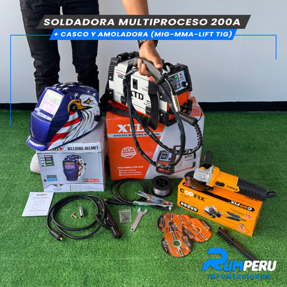 SOLDADORA MULTIPROCESO 200 APERIOS + CASCO Y AMOLADORA