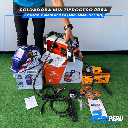 SOLDADORA MULTIPROCESO 200 APERIOS + CASCO Y AMOLADORA