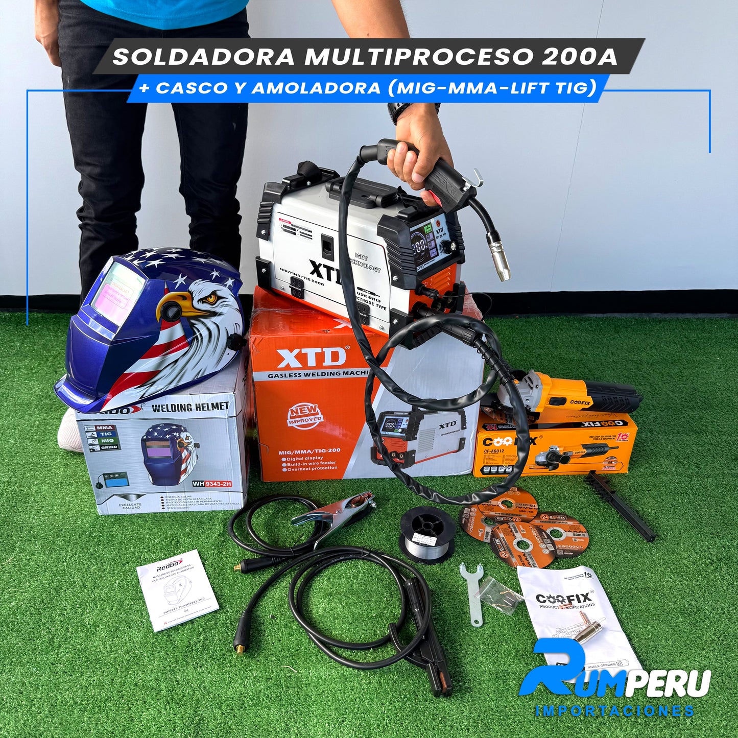 SOLDADORA MULTIPROCESO 200 APERIOS + CASCO Y AMOLADORA