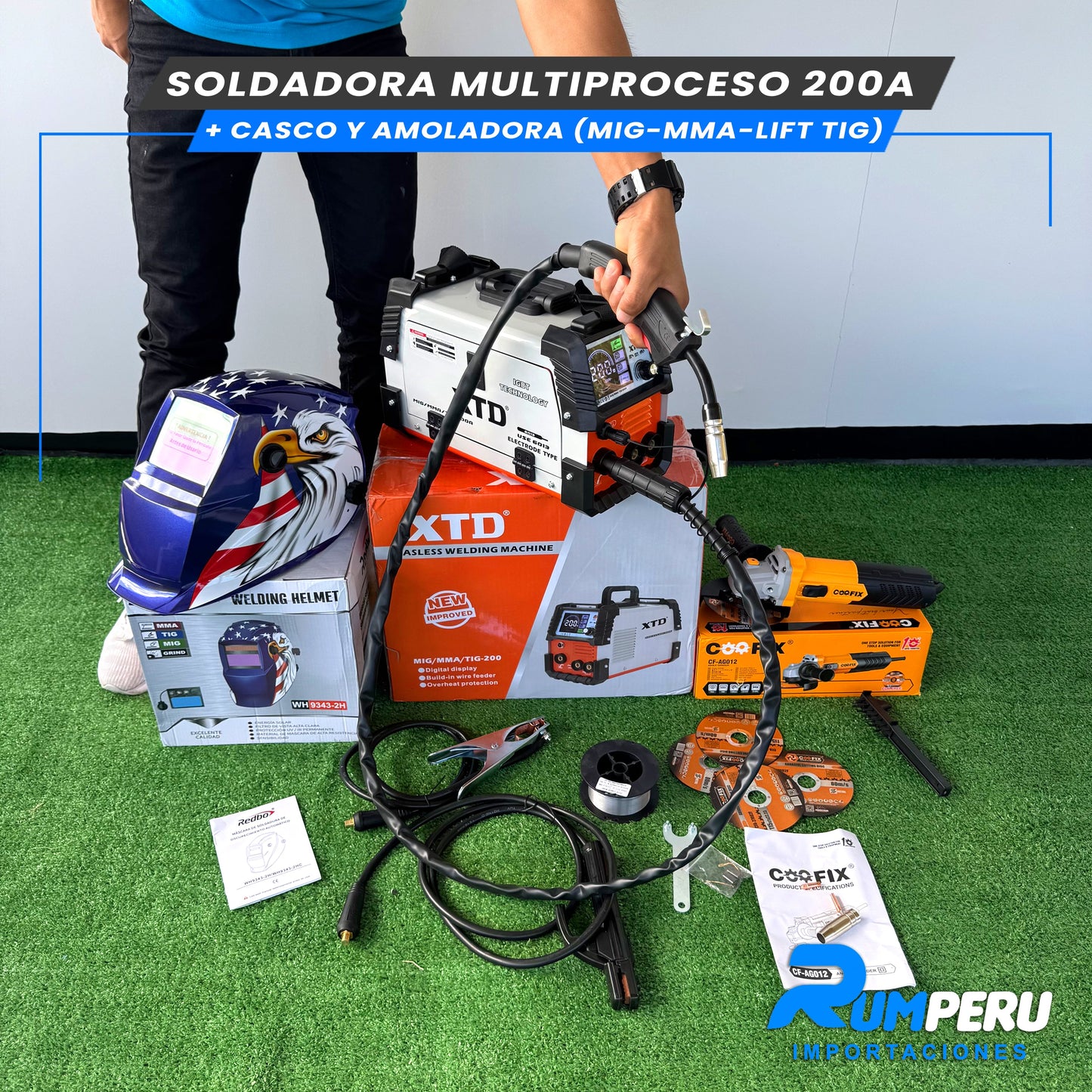 SOLDADORA MULTIPROCESO 200 APERIOS + CASCO Y AMOLADORA