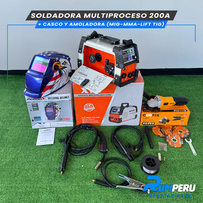 SOLDADORA MULTIPROCESO 200 APERIOS + CASCO Y AMOLADORA