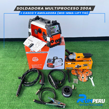 SOLDADORA MULTIPROCESO 200 APERIOS + CASCO Y AMOLADORA