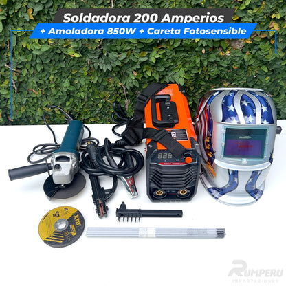 Soldadora 200 Amperios + Amoladora 850W + Careta Fotosensible