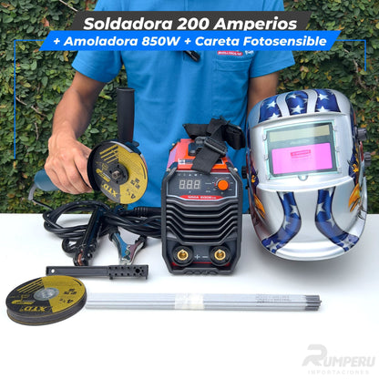 Soldadora 200 Amperios + Amoladora 850W + Careta Fotosensible