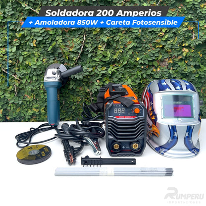 Soldadora 200 Amperios + Amoladora 850W + Careta Fotosensible