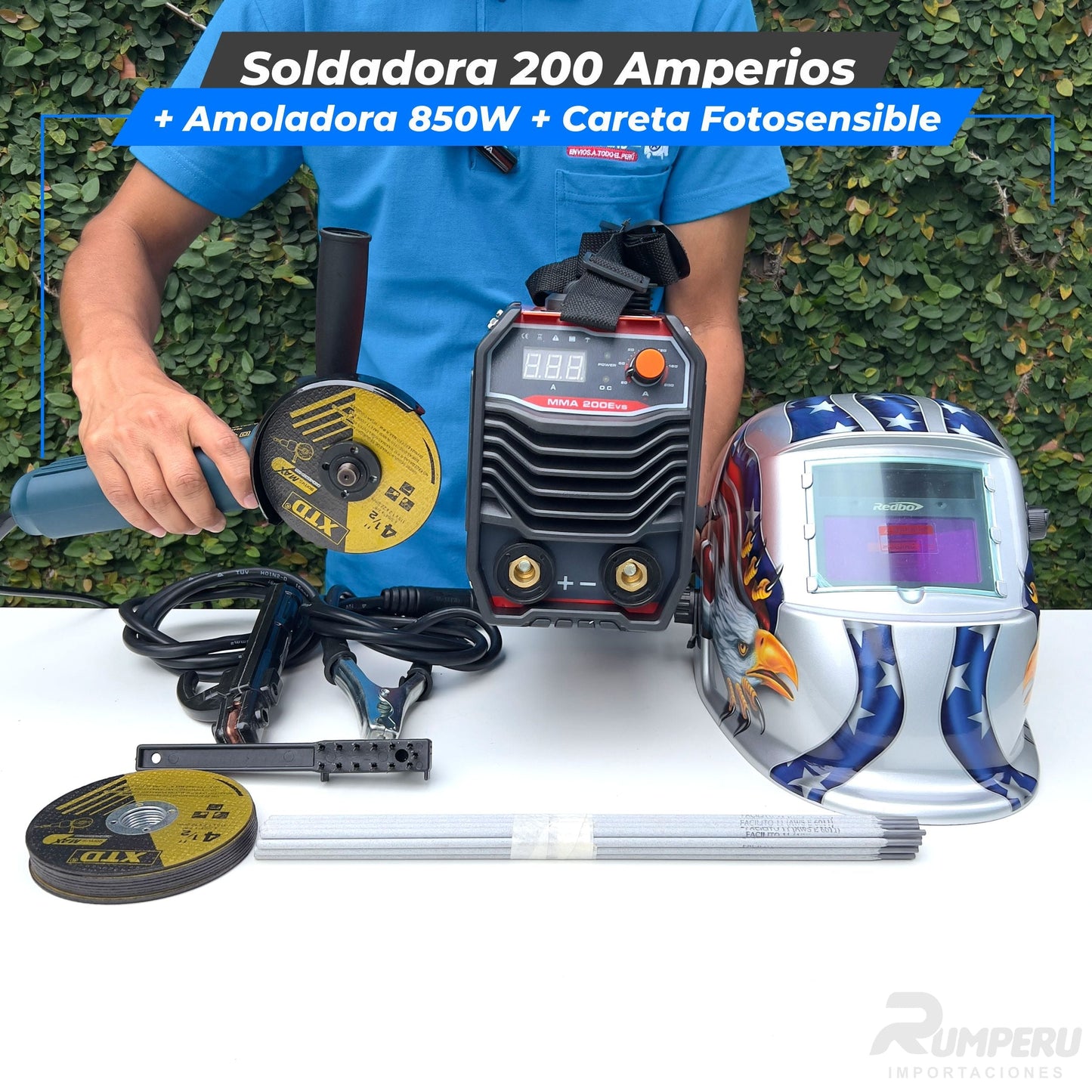 Soldadora 200 Amperios + Amoladora 850W + Careta Fotosensible