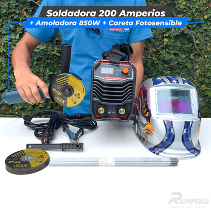 Soldadora 200 Amperios + Amoladora 850W + Careta Fotosensible
