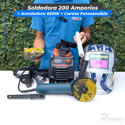 Soldadora 200 Amperios + Amoladora 850W + Careta Fotosensible