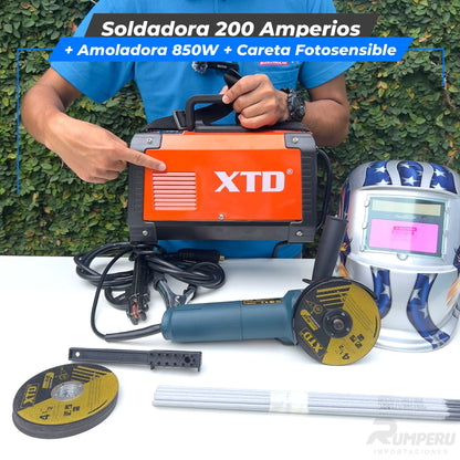 Soldadora 200 Amperios + Amoladora 850W + Careta Fotosensible