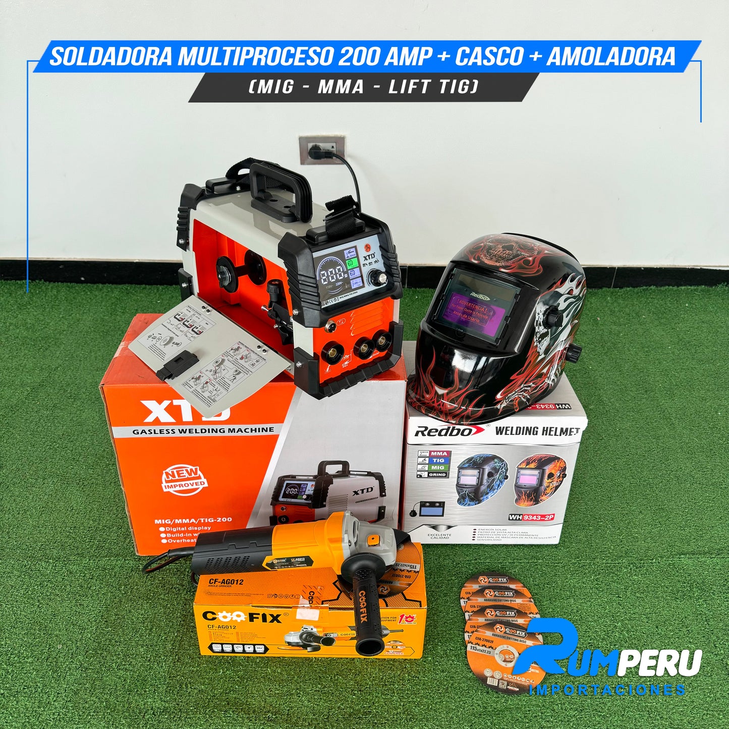 Soldadora Multiproceso 200A + Casco + Amoladora