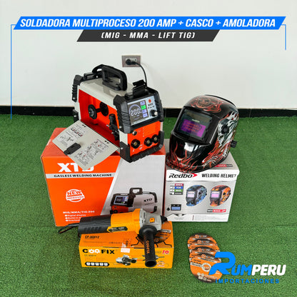 Soldadora Multiproceso 200A + Casco + Amoladora