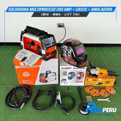 Soldadora Multiproceso 200A + Casco + Amoladora