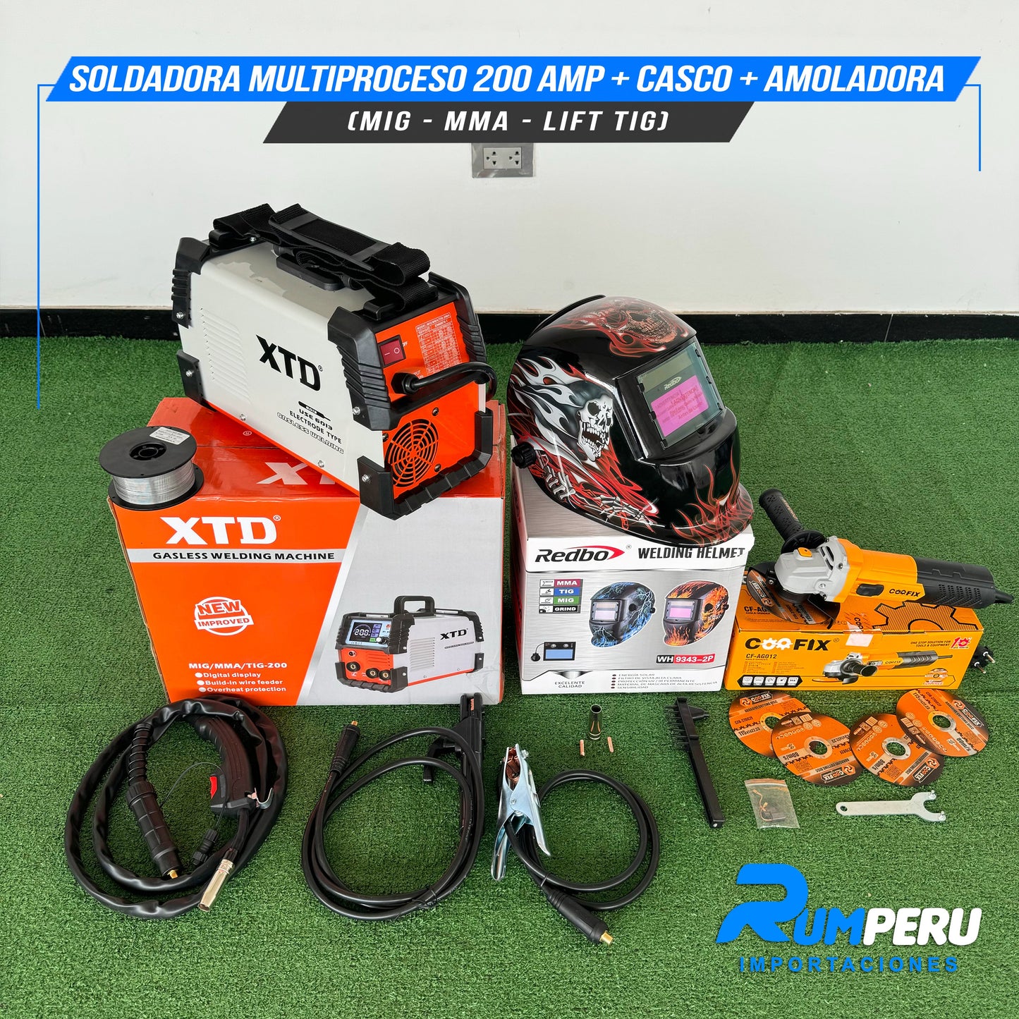 Soldadora Multiproceso 200A + Casco + Amoladora