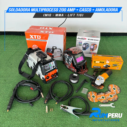 Soldadora Multiproceso 200A + Casco + Amoladora
