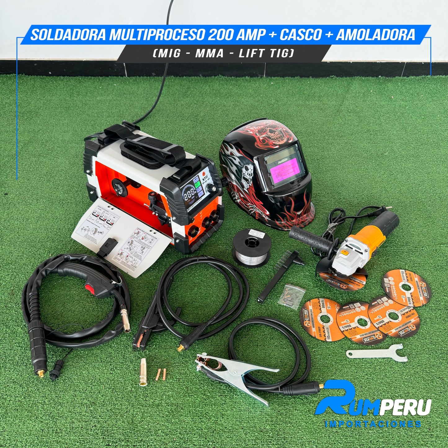 Soldadora Multiproceso 200A + Casco + Amoladora