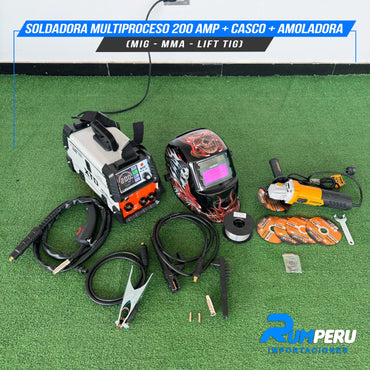 Soldadora Multiproceso 200A + Casco + Amoladora