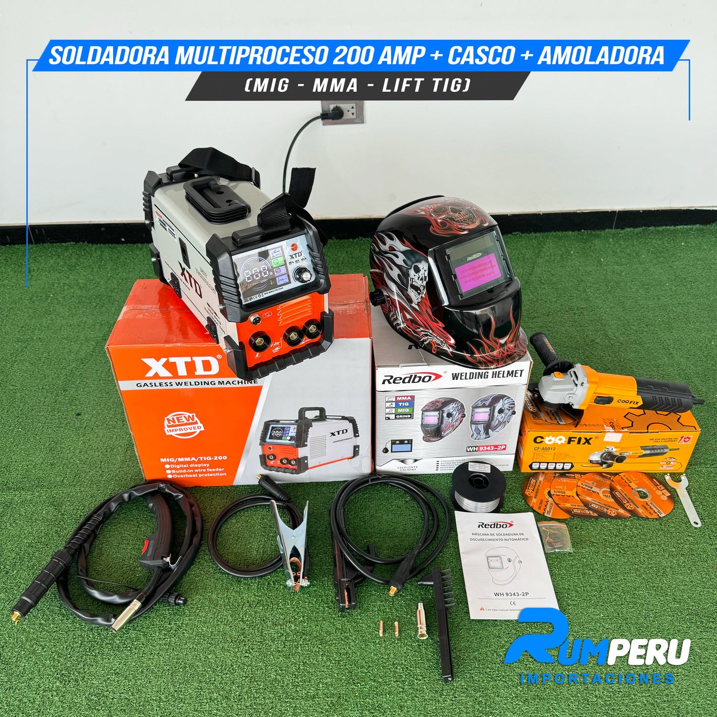 Soldadora Multiproceso 200A + Casco + Amoladora
