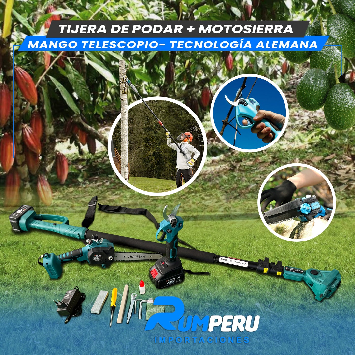 TIJERA DE PODAR + MOTOSIERRA MANGO TELESCOPIO -TECNOLOGÍA ALEMANA